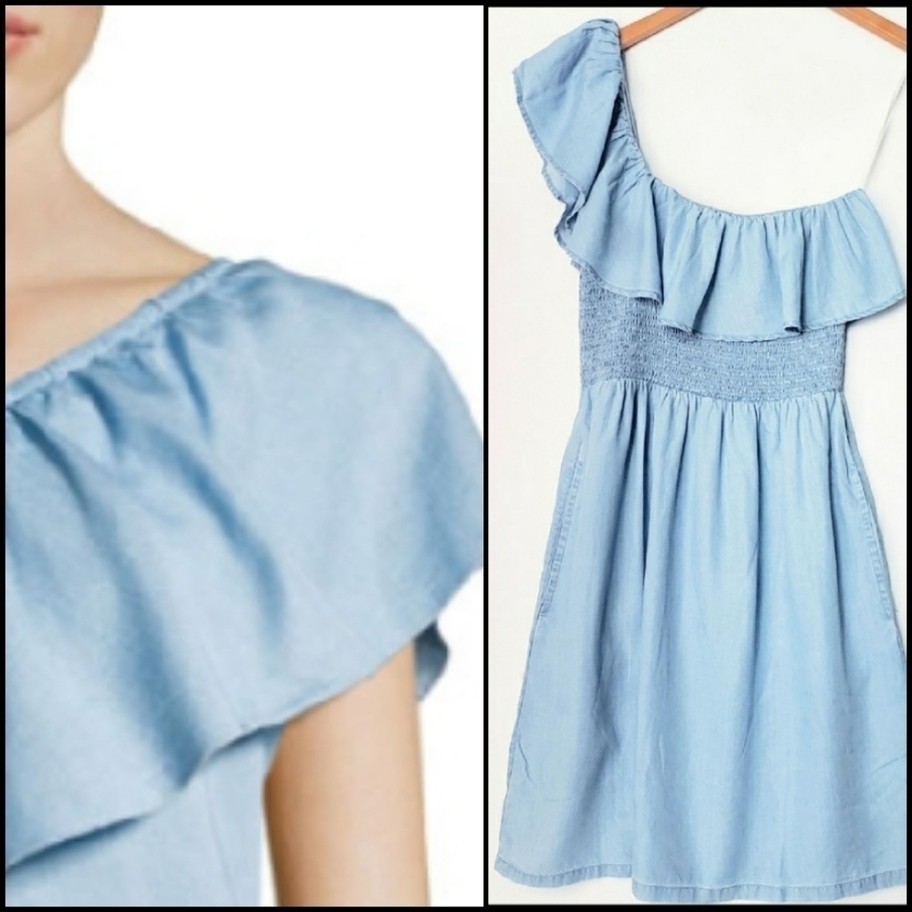 NEW! JOE'S JEANS One Shoulder Soft Chambray Ruffle Accent Mini Dress Medium.